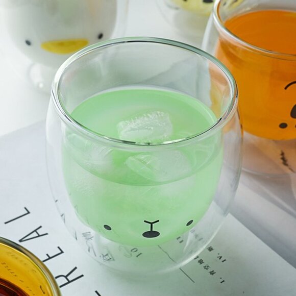 Double-Layer Clear Glass Insulated Beverage Cup Cute Teddy Bear Design NWOT - Picture 3 of 6